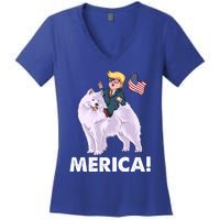 Trump Merica Riding A Samoyed Dog Patriotic 4th July Gift Women's V-Neck T-Shirt