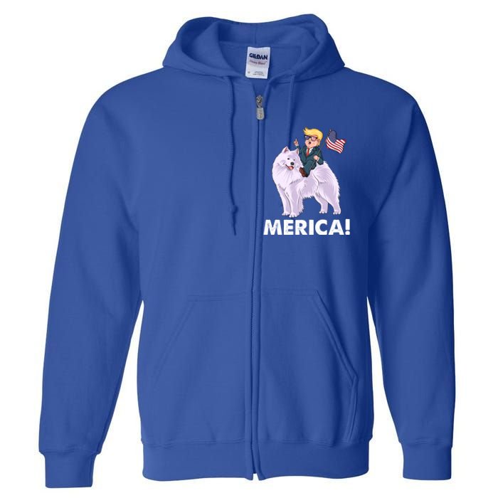 Trump Merica Riding A Samoyed Dog Patriotic 4th July Gift Full Zip Hoodie