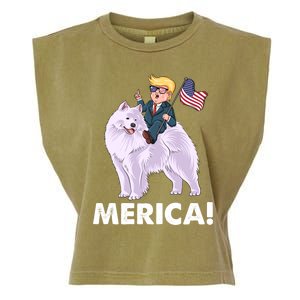 Trump Merica Riding A Samoyed Dog Patriotic 4th July Gift Garment-Dyed Women's Muscle Tee