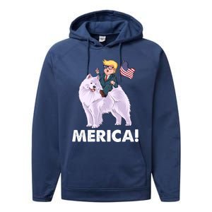 Trump Merica Riding A Samoyed Dog Patriotic 4th July Gift Performance Fleece Hoodie