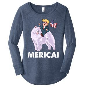 Trump Merica Riding A Samoyed Dog Patriotic 4th July Gift Women's Perfect Tri Tunic Long Sleeve Shirt