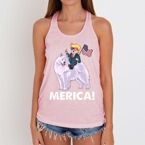 Trump Merica Riding A Samoyed Dog Patriotic 4th July Gift Women's Knotted Racerback Tank