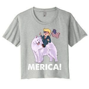 Trump Merica Riding A Samoyed Dog Patriotic 4th July Gift Women's Crop Top Tee