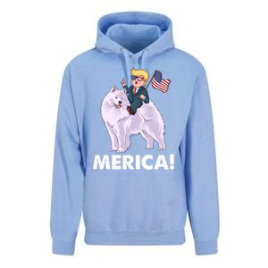 Trump Merica Riding A Samoyed Dog Patriotic 4th July Gift Unisex Surf Hoodie