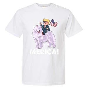 Trump Merica Riding A Samoyed Dog Patriotic 4th July Gift Garment-Dyed Heavyweight T-Shirt