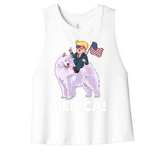 Trump Merica Riding A Samoyed Dog Patriotic 4th July Gift Women's Racerback Cropped Tank