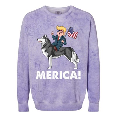 Trump Merica Riding A Siberian Husky Dog Patriotic 4th July Cool Gift Colorblast Crewneck Sweatshirt