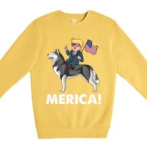 Trump Merica Riding A Siberian Husky Dog Patriotic 4th July Cool Gift Premium Crewneck Sweatshirt