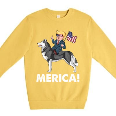 Trump Merica Riding A Siberian Husky Dog Patriotic 4th July Cool Gift Premium Crewneck Sweatshirt