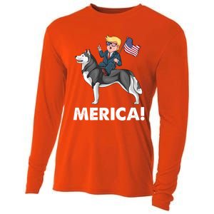 Trump Merica Riding A Siberian Husky Dog Patriotic 4th July Cool Gift Cooling Performance Long Sleeve Crew