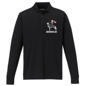 Trump Merica Riding A Siberian Husky Dog Patriotic 4th July Cool Gift Performance Long Sleeve Polo