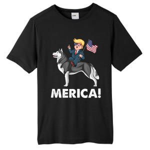 Trump Merica Riding A Siberian Husky Dog Patriotic 4th July Cool Gift Tall Fusion ChromaSoft Performance T-Shirt