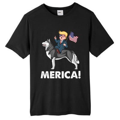 Trump Merica Riding A Siberian Husky Dog Patriotic 4th July Cool Gift Tall Fusion ChromaSoft Performance T-Shirt