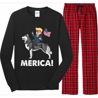 Trump Merica Riding A Siberian Husky Dog Patriotic 4th July Cool Gift Long Sleeve Pajama Set