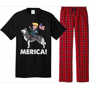 Trump Merica Riding A Siberian Husky Dog Patriotic 4th July Cool Gift Pajama Set