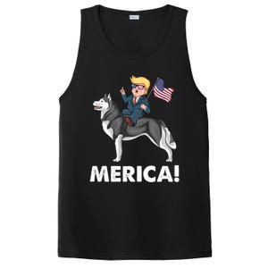 Trump Merica Riding A Siberian Husky Dog Patriotic 4th July Cool Gift PosiCharge Competitor Tank