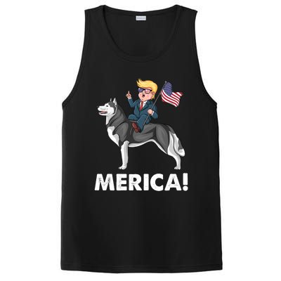 Trump Merica Riding A Siberian Husky Dog Patriotic 4th July Cool Gift PosiCharge Competitor Tank