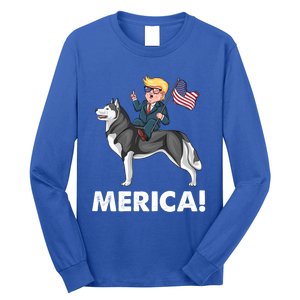 Trump Merica Riding A Siberian Husky Dog Patriotic 4th July Cool Gift Long Sleeve Shirt