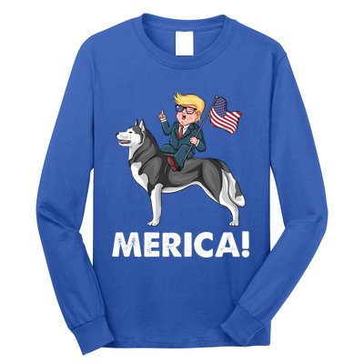 Trump Merica Riding A Siberian Husky Dog Patriotic 4th July Cool Gift Long Sleeve Shirt