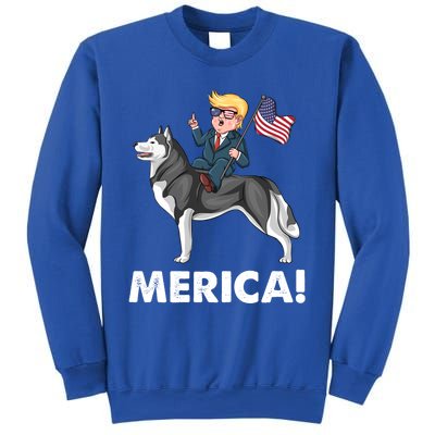 Trump Merica Riding A Siberian Husky Dog Patriotic 4th July Cool Gift Sweatshirt