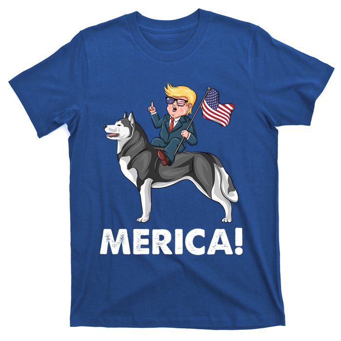 Trump Merica Riding A Siberian Husky Dog Patriotic 4th July Cool Gift T-Shirt