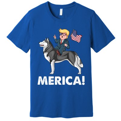 Trump Merica Riding A Siberian Husky Dog Patriotic 4th July Cool Gift Premium T-Shirt