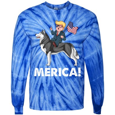 Trump Merica Riding A Siberian Husky Dog Patriotic 4th July Cool Gift Tie-Dye Long Sleeve Shirt