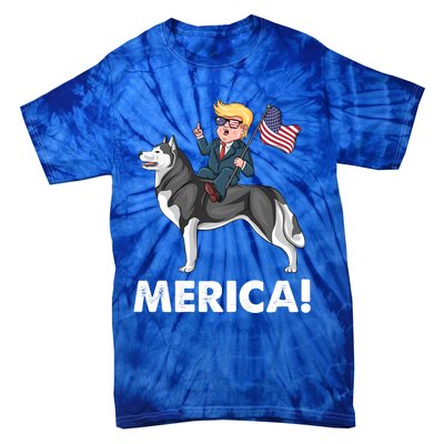 Trump Merica Riding A Siberian Husky Dog Patriotic 4th July Cool Gift Tie-Dye T-Shirt