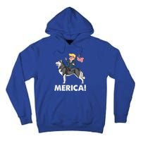 Trump Merica Riding A Siberian Husky Dog Patriotic 4th July Cool Gift Tall Hoodie