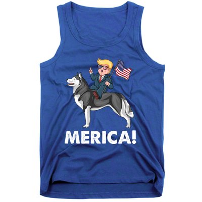 Trump Merica Riding A Siberian Husky Dog Patriotic 4th July Cool Gift Tank Top