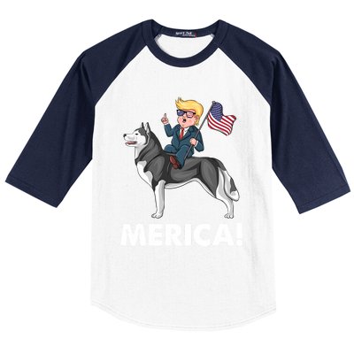 Trump Merica Riding A Siberian Husky Dog Patriotic 4th July Cool Gift Baseball Sleeve Shirt