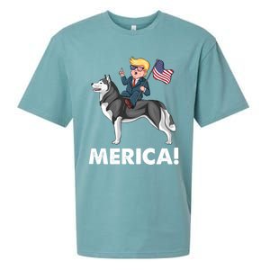 Trump Merica Riding A Siberian Husky Dog Patriotic 4th July Cool Gift Sueded Cloud Jersey T-Shirt