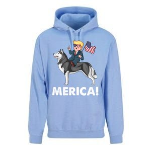 Trump Merica Riding A Siberian Husky Dog Patriotic 4th July Cool Gift Unisex Surf Hoodie