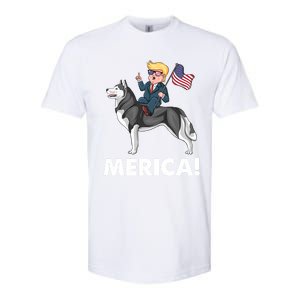 Trump Merica Riding A Siberian Husky Dog Patriotic 4th July Cool Gift Softstyle CVC T-Shirt