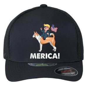 Trump Merica Riding A Canaan Dog 4th July Cute Gift Flexfit Unipanel Trucker Cap