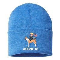 Trump Merica Riding A Canaan Dog 4th July Cute Gift Sustainable Knit Beanie