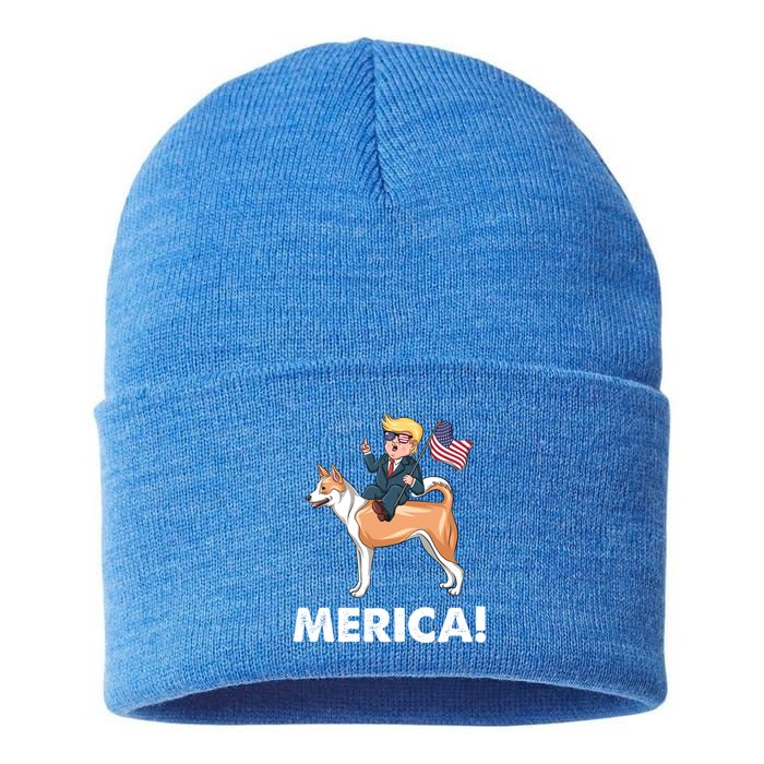 Trump Merica Riding A Canaan Dog 4th July Cute Gift Sustainable Knit Beanie