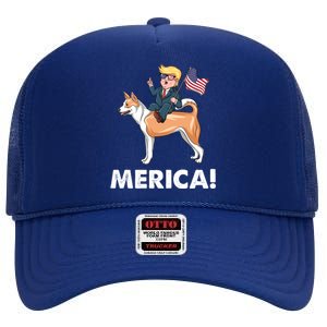 Trump Merica Riding A Canaan Dog 4th July Cute Gift High Crown Mesh Back Trucker Hat