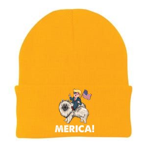 Trump Merica Riding A Keeshond Dog Patriotic 4th July Funny Gift Knit Cap Winter Beanie