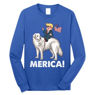 Trump Merica Riding A Kuvasz Dog Patriotic 4th July Funny Gift Long Sleeve Shirt