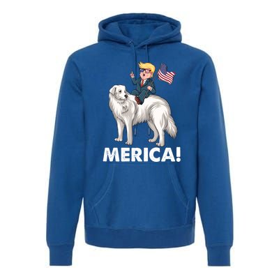 Trump Merica Riding A Kuvasz Dog Patriotic 4th July Funny Gift Premium Hoodie