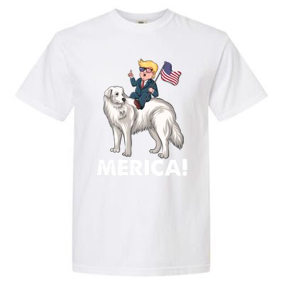 Trump Merica Riding A Kuvasz Dog Patriotic 4th July Funny Gift Garment-Dyed Heavyweight T-Shirt