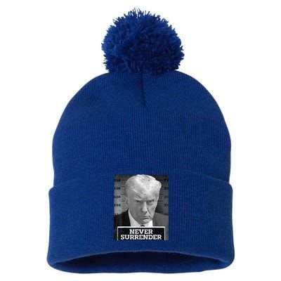 Trump Mug Shot Donald Trump Mug Shot Never Surrender Pom Pom 12in Knit Beanie