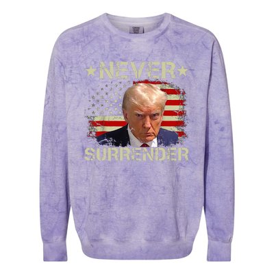 Trump Mug Shot Never Surrender Pro Trump American Flag Colorblast Crewneck Sweatshirt