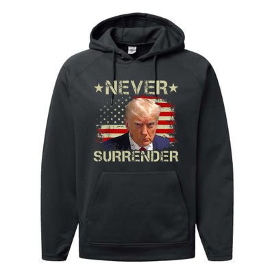 Trump Mug Shot Never Surrender Pro Trump American Flag Performance Fleece Hoodie