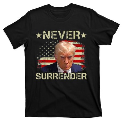 Trump Mug Shot Never Surrender Pro Trump American Flag T-Shirt