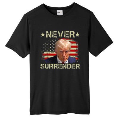 Trump Mug Shot Never Surrender Pro Trump American Flag Tall Fusion ChromaSoft Performance T-Shirt