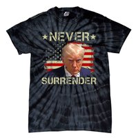 Trump Mug Shot Never Surrender Pro Trump American Flag Tie-Dye T-Shirt