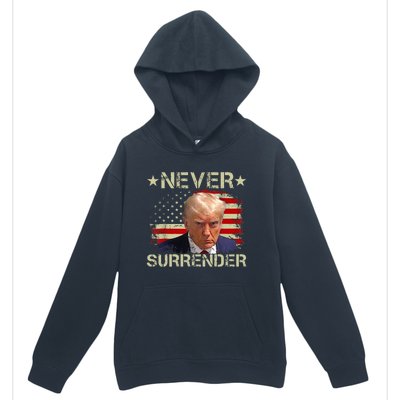 Trump Mug Shot Never Surrender Pro Trump American Flag Urban Pullover Hoodie