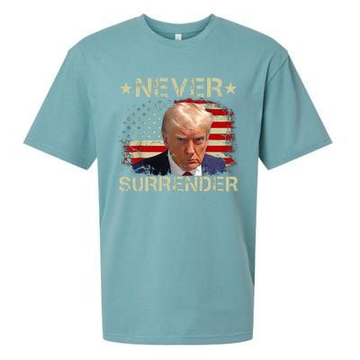 Trump Mug Shot Never Surrender Pro Trump American Flag Sueded Cloud Jersey T-Shirt